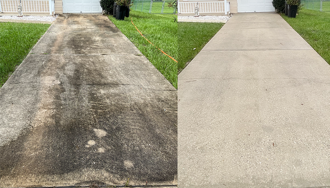 Heavily blackened concrete driveway before washing, beside the same bright clean driveway after washing