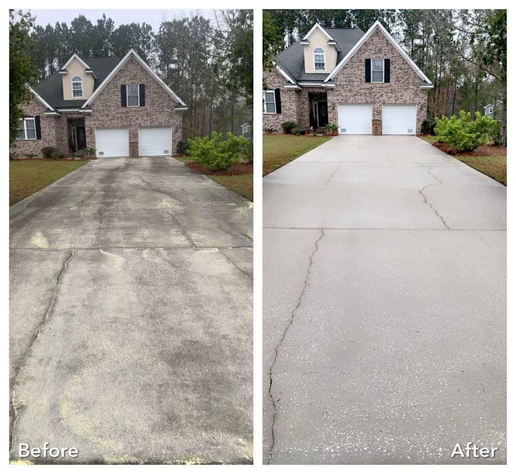 Very dirty dark concrete driveway before pressure washing and the clean light driveway after washing